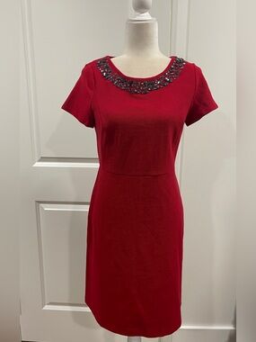 Talbots Red Short-Sleeve Sheath Dress with Beaded Neckline